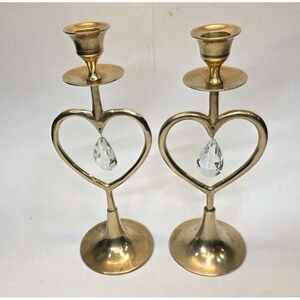 Vintage Set of 10" Brass Heart Shaped Candle Holders With Crystals